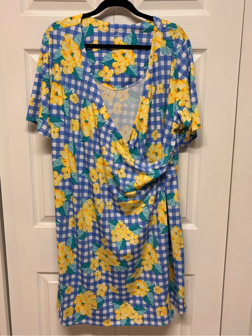 Kim Rogers Blue Gingham Wrap Dress with Yellow Floral Print